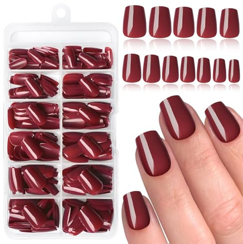 LunarCharm 240 Stück Burgunderrote Sargnägel zum Aufdrücken, kurze künstliche Nägel mit Klebelaschen, Aufdrücken der Nägel, Damen-Acrylnägel, künstliche Fingernägel