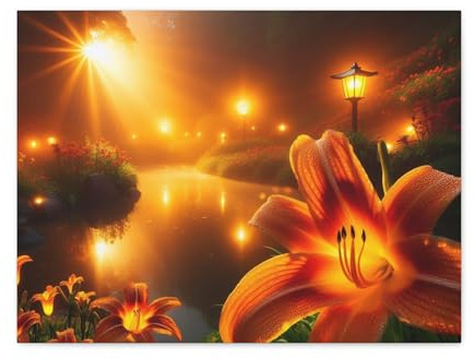 Bright Orange Daylilies Beside a Glowing Pond Matte Canvas Wall Art 24 * 18 inch Made in USA