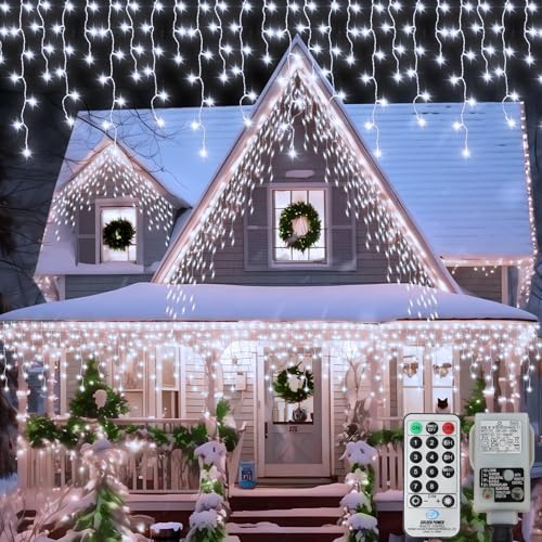 CCILAND 14M 360 LED Christmas Icicle Lights Plug in with Remote 8 Modes | Curtain String Lights Waterproof for Window Gazebo Balcony Eaves Decor (Cool White)