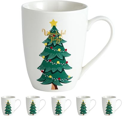 Swuut Weihnachtsbaum Tassen - Set von 6, 13 oz Knochen China, spülmaschinen- & mikrowellengeeignet, lustiges Geschenk für Weihnachten (Frauen/Männer)