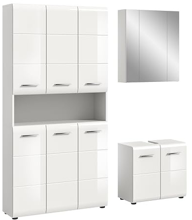 xonox.home – 3 TLG. Kompakte Badkombination Ice 165x185x30 cm in Korpus weiß Nachbildung und Front weiß Hochglanz – Stilvolles Möbel-Set für Moderne Badezimmer – pflegeleicht & funktional