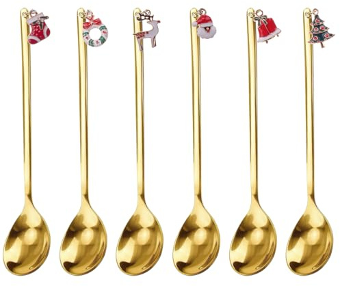 ZoZoMaiy 6 Stück Weihnachtslöffel Set, Weihnachtslöffel-Geschirr-Set aus Edelstahl für Kuchen/Dessert/Kaffeelöffel/Teelöffel/Tischdekoration Home Cafe Holiday Party Supplies(Gold, mit Geschenkbox)