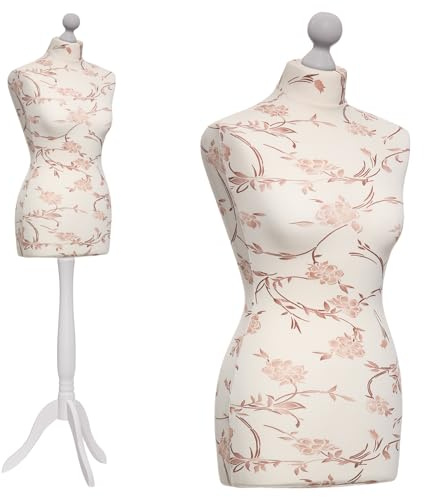 DummyDoll Schneiderpuppe weiblich Größe 40/42, Überzug Creme braune Blumen, Holzdreibein weiß