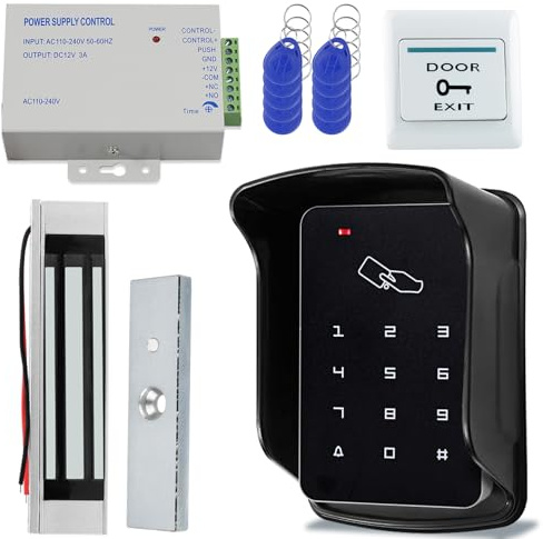 AccessShield Kit sistema di controllo accessi alla porta, tastiera RFID con copertura antipioggia, serratura magnetica da 180/350 libbre, alimentatore DC12V, 10 portachiavi ID 125 kHz, interruttore di