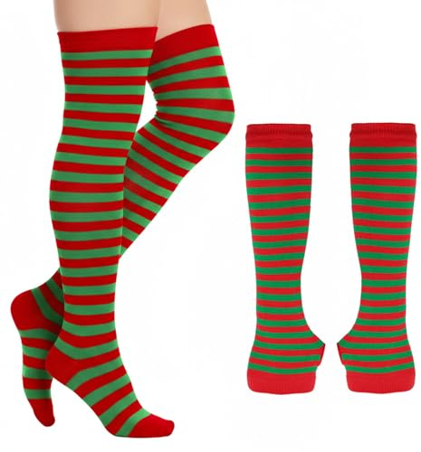 Lufdegim Calcetines largos de punto para mujer, a rayas, para disfraz de fiesta, Rayas verdes y rojas, Talla única