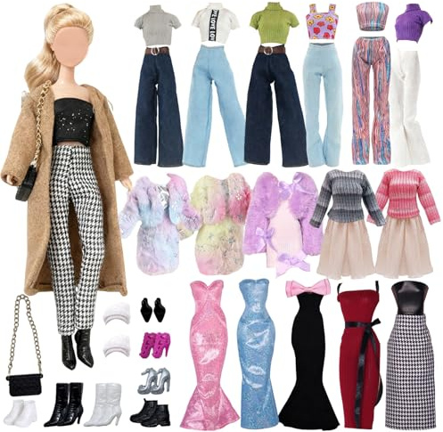 21 Stück Puppenkleidung Set für 11.5 Zoll Puppe, Mantel mit Hahnentritt Hose, Plüschkleid, Strickkleid, Mermaid Kleid mit Schleife, 6 Paar Schuhe + Tasche, Geschenk für Mädchen