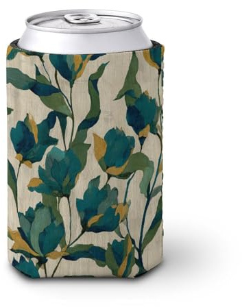 Enfriador de latas de cerveza, diseño vintage de flores abstractas de color verde oscuro sobre beige, enfriador de cerveza, soporte de bebidas aislado suave para fiestas, playa, eventos, hogar