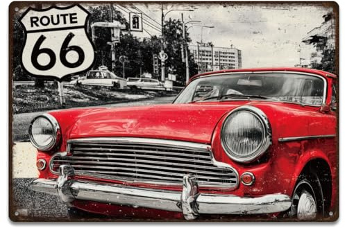 SUPERDANT Insegna Metallo Auto Classica Rossa Route 66 Quadro Cartello In Latta Vintage Decorazione Murali Arte Per Garage Camera Uomo Sala Soggiorno Cucina Bar Pub Dimensione 30x20cm