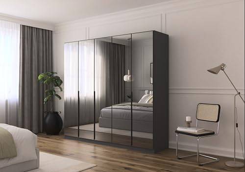 Rauch Möbel Skyla, Kleiderschrank, Farbe Grau metallic, Breite 226 cm | Schrank, 5-türig, mit Grauspiegel, für Schlafzimmer, Kinderzimmer, Jugendzimmer, Wohnzimmer, Garderobe, Flur