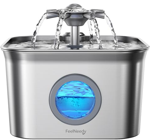 Stainless Steel Cat Water Fountain, 99oz/2.8L Auto Pet Drinking Fountain with 20dB Ultra-Quiet Pump- Ideal for Timid Pets, LED Water Level Window, Dishwasher Safe, 24/7 Circulating Flow - FEELNEEDY