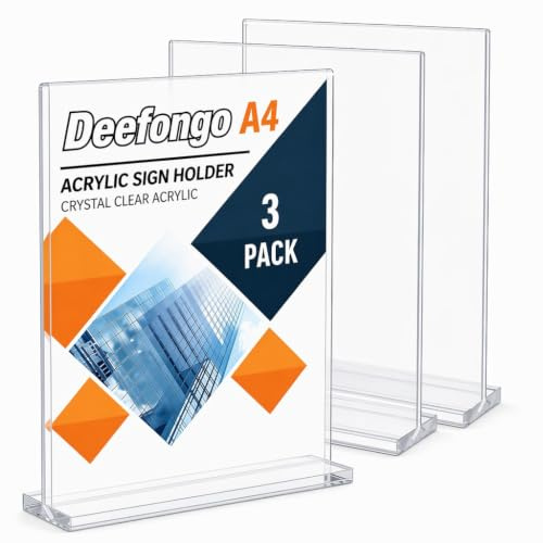 Deefongo A4 Tischaufsteller, 3 Stück, T-Ständer Acryl Doppelseitig | A4 Acryl Aufsteller, T-Form, vertikal, klar, für Menükarten & Werbeschilder, Büro