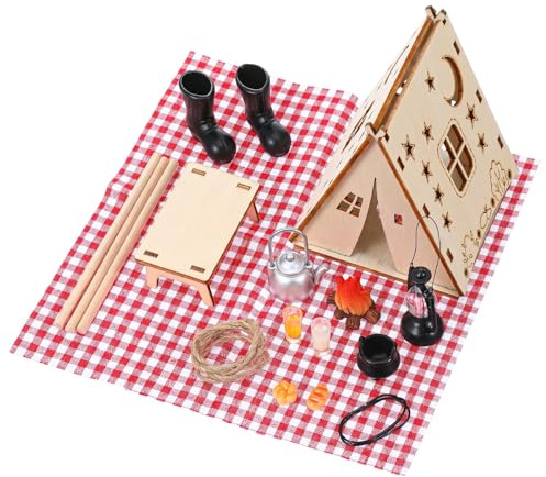 DOPENSPI 18 Stück Wichtel Zubehör, Puppenhaus Zubehör Camping Wichtel Set Miniatur Wichtelhaus Wichtelzubehör mit Lagerfeuer Tisch Zelt Brot Schuhe Wichteltür Dekoration