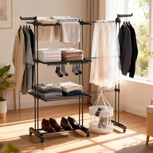 WoRaum Klappbarer Wäscheständer, 3-stufiger ausziehbarer Turm (66-130 cm), 40 kg Tragfähigkeit & platzsparendes faltbares Design für Zuhause (Schwarz)