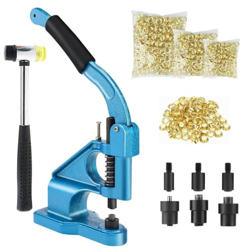 BOOMSTART Machine à Œillets Grande, 6 10 12mm Presse à Oeillets Manuelle, Professionnel Pince à Œillet Robuste avec 3 Matrices 1500 Oeillet Dorés et Marteau Pour Baches Tissu