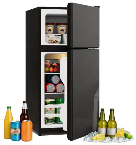 Merax 60L Mini Kühlschrank mit Gefrierfach (22L) – Kompakt, freistehend mit Glastür, LED-Beleuchtung, Geräuscharm, Verstellbare Glasablagen für Küche, Büro und Wohnzimmer