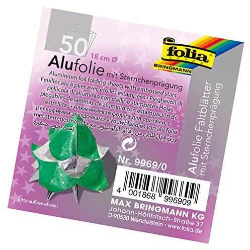 folia 9969/0 - Alu Faltblätter rund mit Sternchenprägung, Durchmesser 18 cm, 100 g/qm, 50 Blatt sortiert in 5 Farben - ideal für wunderschöne Faltfiguren und Sterne