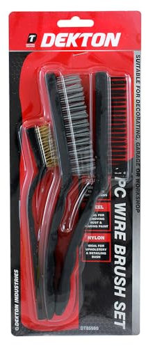 Dekton 3PC Wire Brush Set | Includes 2 Large Wire Brushes & 1 Small Detailing Brush | Brass Coated for Spark Plugs | Steel for Rust & Paint Removal | Nylon for Upholstery & Detailing | Versatile
