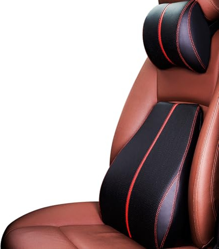 Ergocar Memory-Schaum Nackenkissen & Lendenkissen PU-Leder Rückenstützkissen Zur Rückenentlastung für Zuhause Büro Auto und Reise (Schwarz-Rot, Nackenkissen+Lendenkissen)