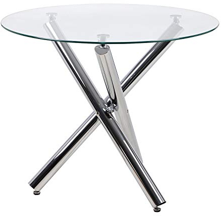Round Glass Dining Table 90cm with Chromed Legs for Dining Room, Kitchen