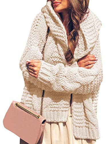 Onsoyours Cardigan Femme Automne Hiver Long en Tricot Veste Couleur Unie Grande Taille Ouvert Épais Manches Longues Pull Gilet Chaud Casual Capuche Manteau Sweater Chandail Outwear Beige M