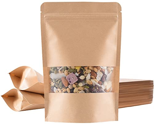 Miorkly 100 Stück Sac Papier Kraft avec Fenetre(14 * 20cm), Sachet Kraft Alimentaire, Certifié FDA, Sécurité des Matériaux, pour Emballer Les Graines et des Collations…