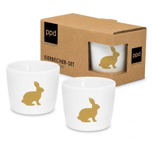 ReWu Eierbecher Ostern 2er Set Hase Gold, weiße Eierbecher mit goldfarbenem Hasenmotiv, Osterdeko für Frühstückstisch & Brunch, Eierhalter im Geschenkkarton, Geschenkidee zu Ostern