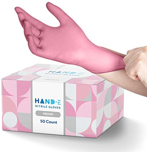 Hand-E Touch Pink Nitrile Disposable Gloves Medium, 50 Count - Esthetician, Nail Tech, Microblading, Hair Dye & Stylist, Salon, Cleaning Gloves - Latex Free Gloves
