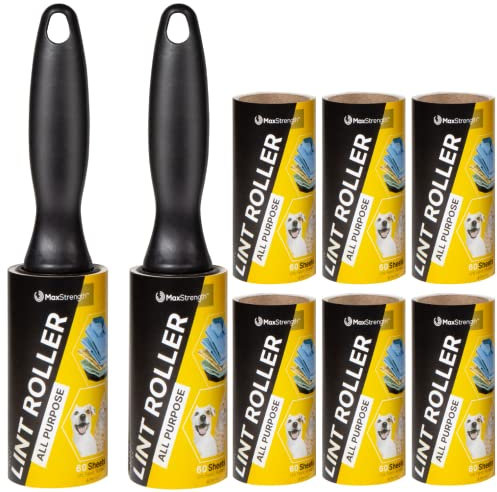Max Strength Pro Lint Rollers, 2 Rollers + 8 Refills, 480 Sheets, Sticky Lint Roller for Pet Hair, Cat Hair, Dog Hair, Clothes, Furniture, Carpet, Sofa, Bed, Fuzz, Removes Hair, Dirt & Dust Fast!