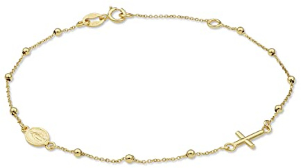 MIORE Ankerarmband Kreuz Kugel Armschmuck für Damen aus 9k 375 Gelbgold Hochglanz Kreuz, Mutter Maria Anhängers Ankerkette mit Federringverschluss 19 cm lang