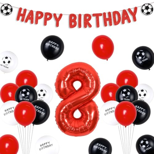 Funmemoir Fußball 8 Geburtstag Dekorationen Rot - Fußball Happy Birthday Banner Rot, 8 Folienzahlen Ballon, Fußball Druck Luftballons, Fußball Fans Geburtstag Dekorationen Alter 8