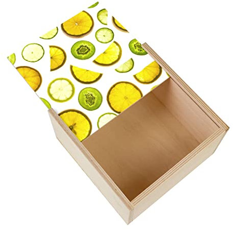 Cofanetto in legno - Rondelle di limoni gialli verdi e kiwi su fondo bianco (11 x 11 x 3,5 cm)