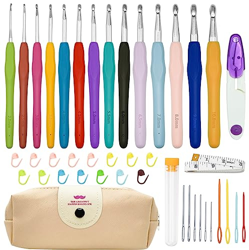 Gigmeta Set di 14 ganci all'uncinetto, per principianti adulti, set all'uncinetto per lavorare a maglia con manici ergonomici in gomma, custodia e borsa portatile, regalo per sorelle