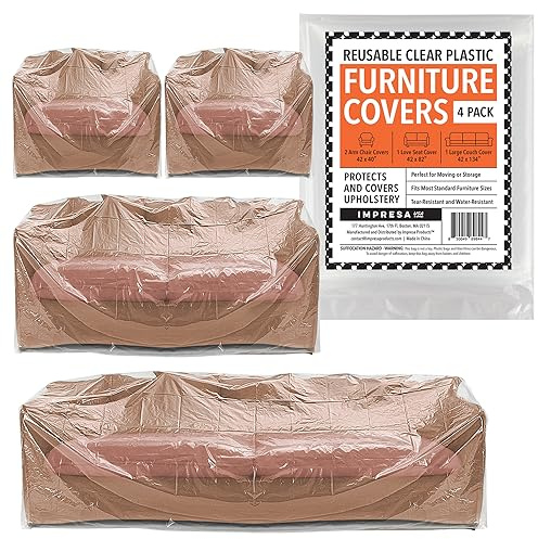 Impresa Plastic Furniture Covers - Pack of 4, 2 Mil, Clear Tear-Resistant Design & Moving Supplies - Dust & Moisture Barrier & Furniture Covers for Storage