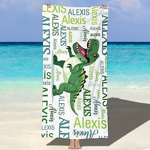 Shujin Personalisiertes Strandtuch Badetuch mit Namen, Mikrofaser-Strandtuch, Saunatuch weich Duschtuch Badehandtuch,schnell trocknendes Strandtuch Kinder geeignet für Fitness Reise(Grün Dinosaurier)