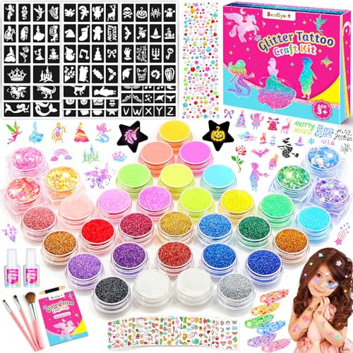 Glitzer Tattoo Set, Kinder Tattoos, 36 Farben Kinderschminke Glitzer mit 180 Schablonen, Glitzer Gel, Fluoreszierende Glitzerpulver, Strasssteine, Temporäre Tattoo, Weihnachts Geschenk Mädchen ab 3