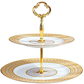 OQHAIR Soporte para Tartas Soporte para Tartas de cerámica con Asas de Metal Mesa de Postre de Doble Capa de Lujo Ligera Soporte para exhibición de Magdalenas para té de la Tarde Plato de