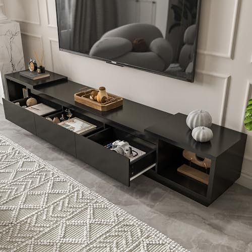 DEZAGCE TV Schrank, TV-Ständer, Lowboard für Fernseher, Fernsehtisch mit 3 Schubladen, TV Tisch, TV Bank mit Linke und Rechte Seite Können Verstellt Werden, 270 x 40 x 39 cm,Schwarz, MDF
