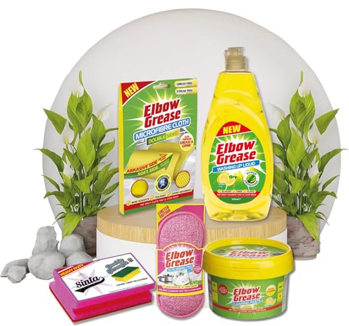 Kitchen Stain Remover Cleaner Kit - Washing Up Liquid 600ml, Cleaning Paste 350g, Microfibre Cloth Double Sided, Scrubbing Pad 1pc, Handgrip Scourer 1pc | Home Cleaning Bundle