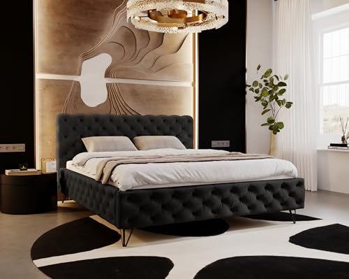 Emporius Polsterbett 180x200cm Laval - Glamour Bett mit Lattenrost, Kopfteil - Doppelbett Samt Schlafzimmerbett Chesterfield - Velvet (Schwarz - Kronos 07)