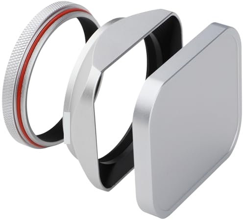 Quadratische Metall Gegenlichtblende mit Kappe und 49mm Adapterring for Fuji for Fujifilm for X100V for X100F for X100S for X100T X70 Kamera Silber