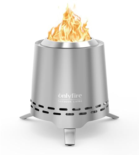 Onlyfire Edelstahl Tischfeuer mit Topfhalter und Tragetasche, Raucharmer Mini Tischkamin für Pellets/Holz, 16,5CM Kleinere Tischfeuerstelle, für Balkon & Camping, Konisch, Silber
