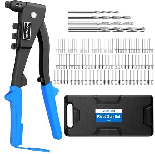 VORXEON Pop Rivet Gun Kit Heavy Duty Riveter Tool Set Light Weight with 4 Interchangeable Heads 100Pcs Rivets 2.4mm 3.2mm 4.0mm 4.8mm for Furniture Car Trailer Boat Rivet Gun Set with Box