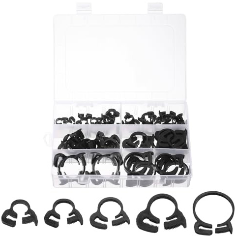 sourcing map 1 Set 56 Pcs Plastic Adjustable Double Snap Grip Hose Clamps(6.1-6.6mm, 8.1-8.6mm, 12.3-14mm, 16.3-18.1mm, 24.5-26.1mm), Black