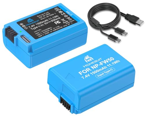 Homesuit NP-FW50 Akku 1500mAh & 2-in-1 Typ-C Ladekabel für Sony A6500 A6400 A6300 A6000 A5000 A5100 zv-e10 A7 A7II A7R A7RII A7SII A7S A7R A7R2 A55 RX10 RX10II NEX-3/5/7 Kamera (2er-Pack)