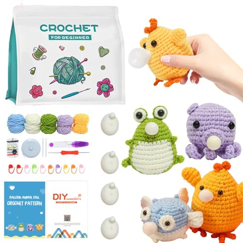 GCFTIFF Häkelpaket für Anfänger, Häkelpaket mit Garn, DIY -Häkelpaket Sie Ihre eigenen 4 PCS Tier für Anfänger, Schritt-für-Schritt-Anleitungsvideo, Häkel-Starter-Kit,Kinder Geschenk