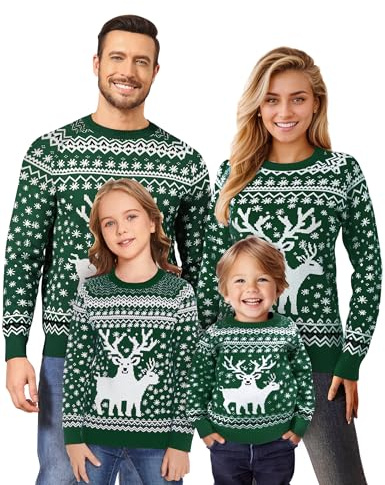 Namatime Weihnachten Pullover Damen Weihnachtspullover Familie Set Strickpullover mit Rentier Und Schneeflocke Lustig Rundhals Christmas Sweater Pärchen Grün-Weihnachtsbaum M