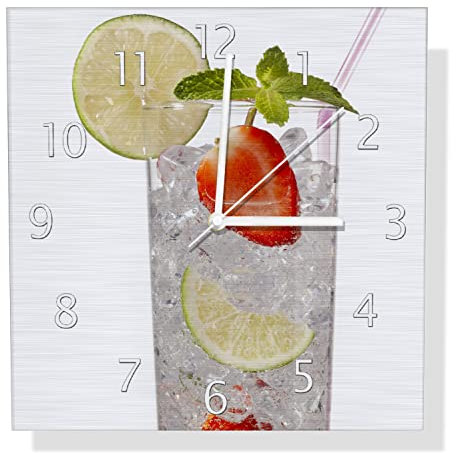 Wallario Design Wanduhr Glas Wasser mit Erdbeeren aus Aluverbund, Alu-Uhr Größe 30 x 30 cm, weiße Zeiger mit Metalloptik