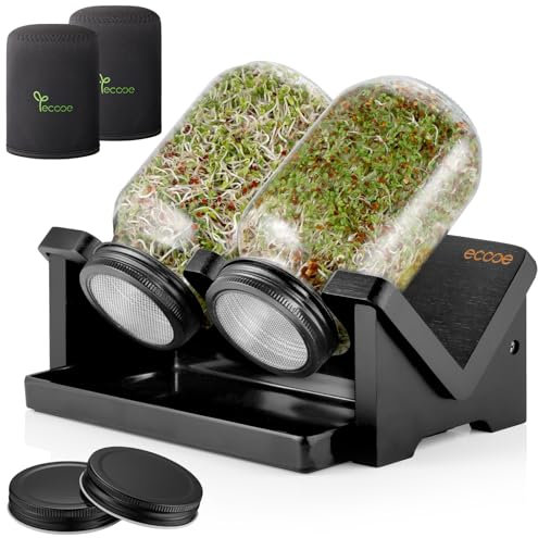 ecooe Sprossen Keimglas 2er Set - Sprossenglas mit Bambushalterung, Abdunklungshüllen, Filterkappe aus Edelstahl und 1 Wasserschale - 750 ml Keimgläser Set für Sprossen Brokkolisprossen Keimlinge