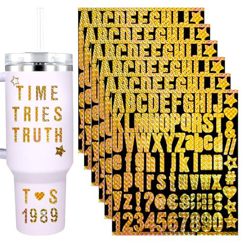 6 Hojas de Letras de Vinilo, Pegatinas del Alfabeto Con Purpurina, Adhesivas de Letras y Números, Impermeables para Stanley Tazas (Dorado)