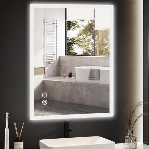 YOLEO Bathroom Mirror with LED Lights, 700x500mm Illuminated Bathroom Mirror, Wall Mounted Vanity Mirror with 3 Colors Dimmable, Anti-Fog, Touch Switch, Waterproof IP44, Horizontal/Vertical